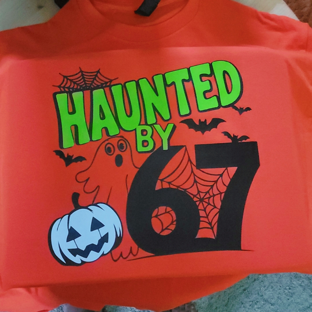 **CUSTOM TEE DESIGN**Haunted Halloween T-Shirt - Orange and Green